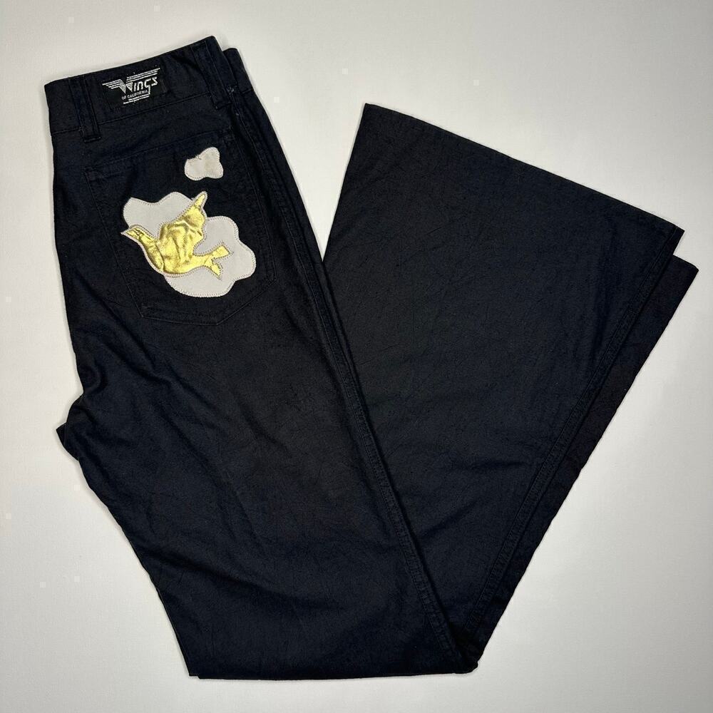 Vintage 1970’s Wings of California Black Cotton Flare Leg Jeans with Doves